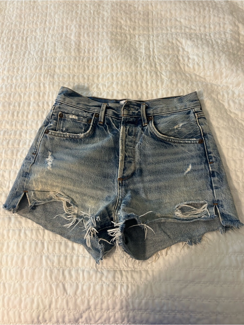 Agolde Distressed Light Blue Cutoff Denim Shorts